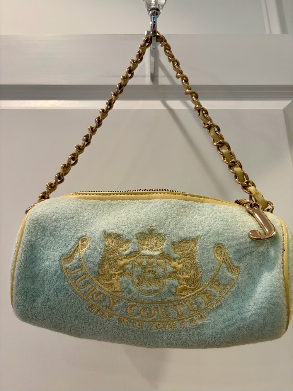 Vintage Y2K Juicy Couture Pale Blue Velour Barrel Bag With Heart Charm & J Pull